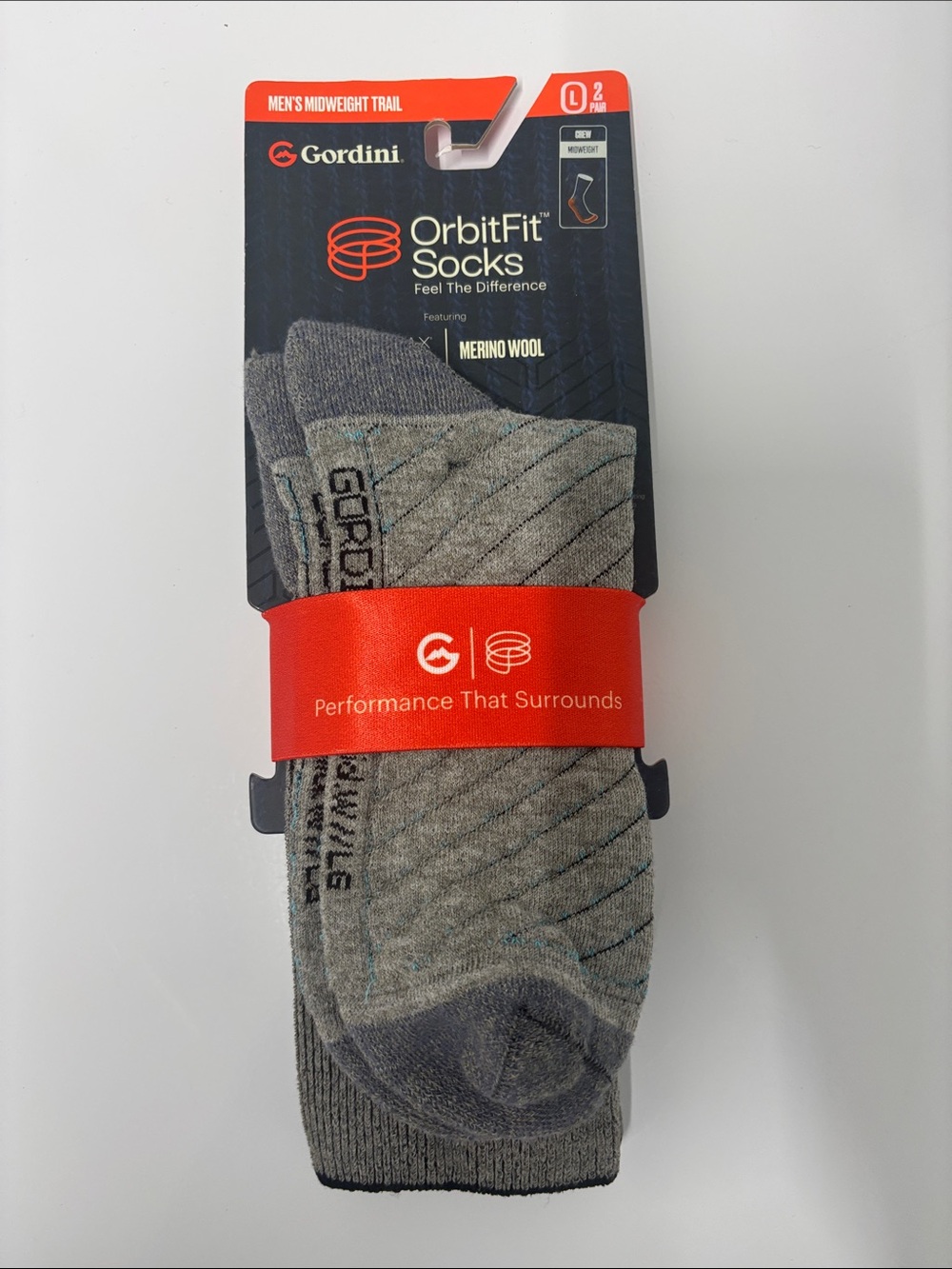 Gordini Mens 2 pair pack mid weight trail crew sock Seneca size Large NWT
